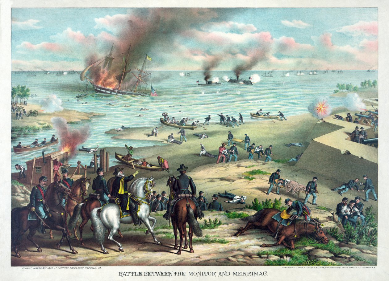 Batalha entre o Monitor e Merrimac, 9 de março de 1862 em Hampton Roads, perto de Norfolk, Virginia, pub. Kurz & Allison, c.1889 de American School