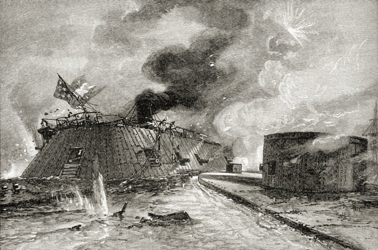 Batalha entre o Monitor e Merrimac em 1862, de "Uma Breve História dos Estados Unidos", publicado pela AS Barnes und Co. em 1885 de American School