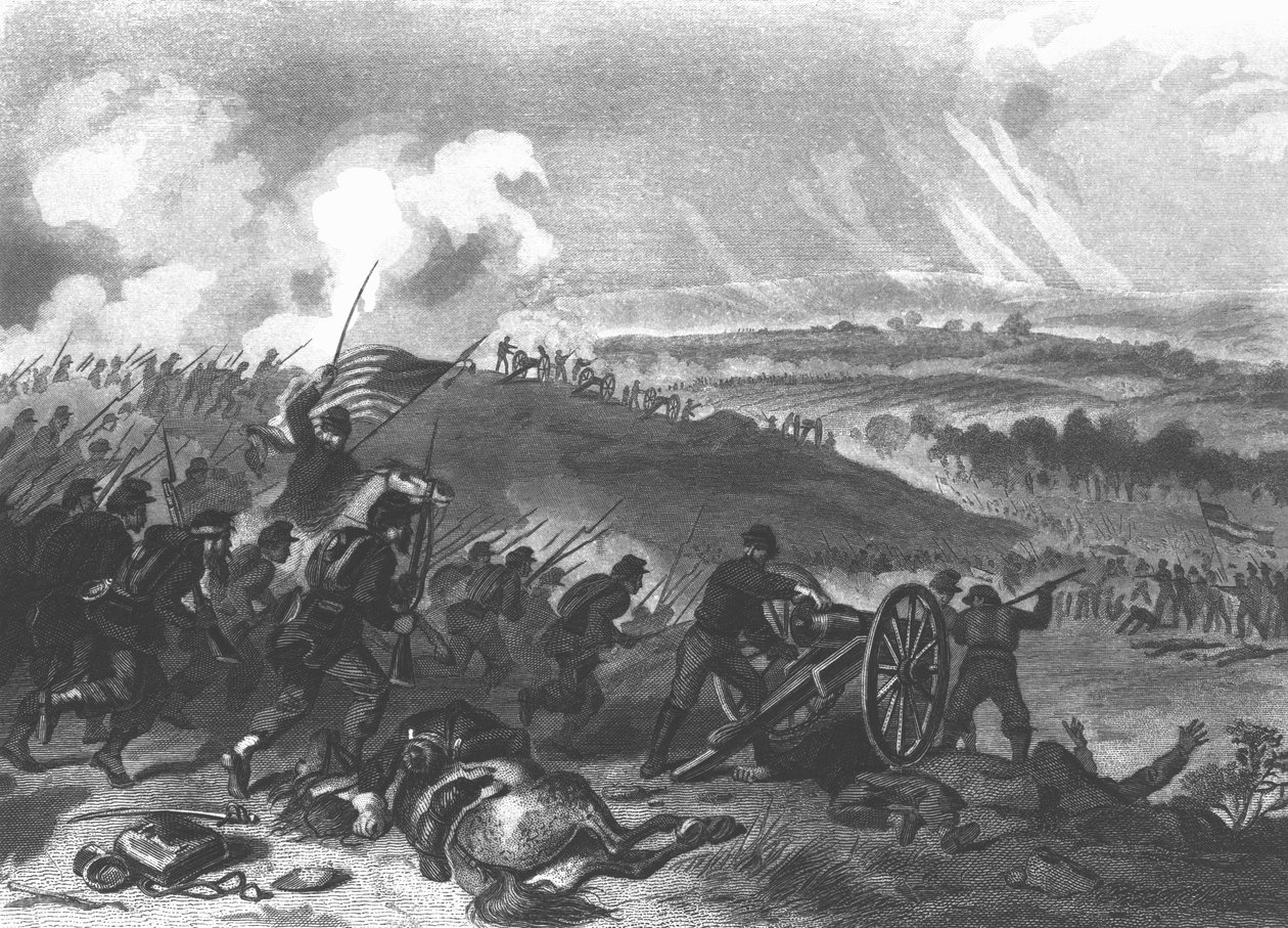 Batalha de Gettysburg - Carga Final das Forças da União no Cemetery Hill, 1863 pub. 1865 de American School