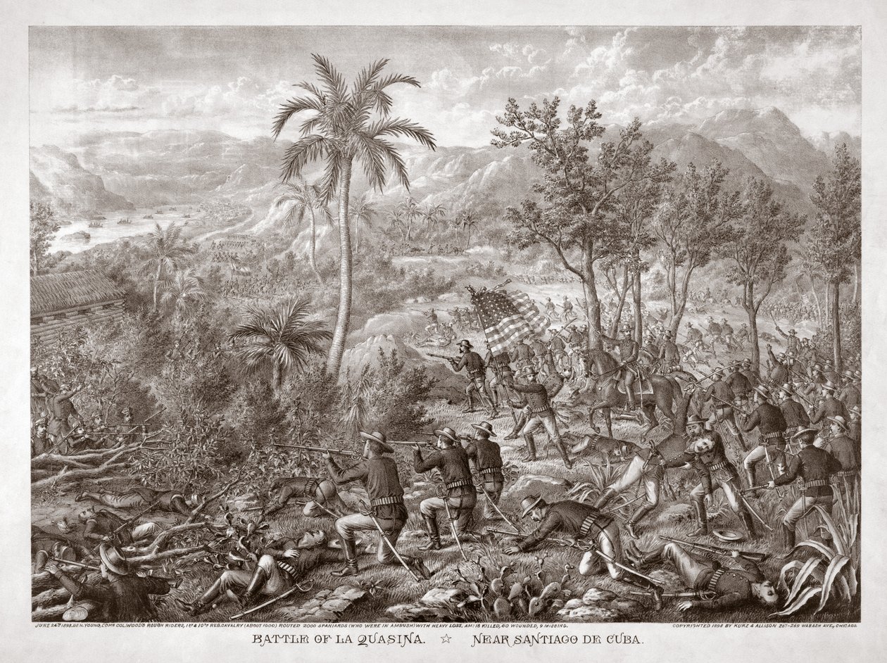 Batalha de La Quasina, perto de Santiago de Cuba, pub. 1898 (gravura) de American School