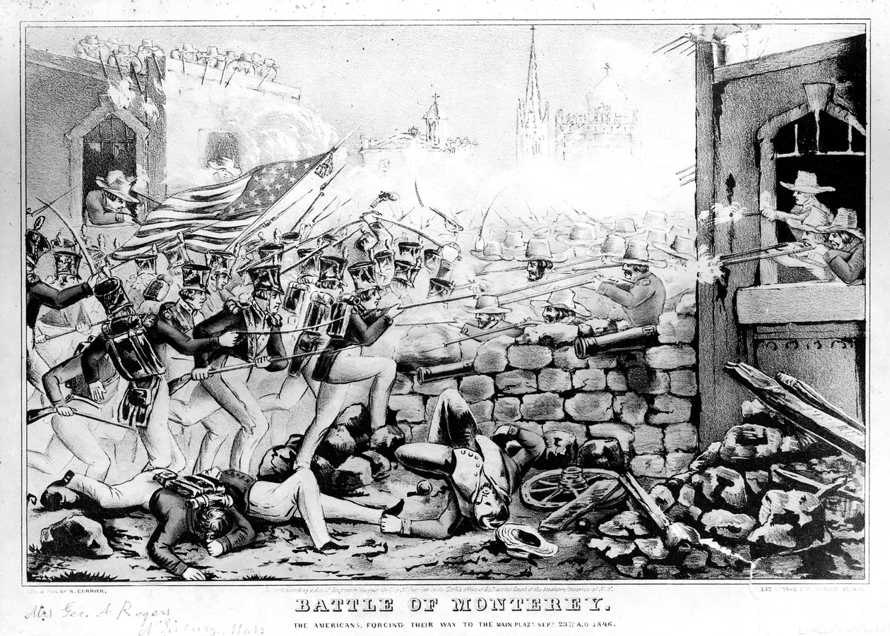 Batalha de Monterey: Os americanos forçando seu caminho para a praça principal, 23 de setembro de 1846, gravada e publicada por Nathanial Currier (1813-88) de American School
