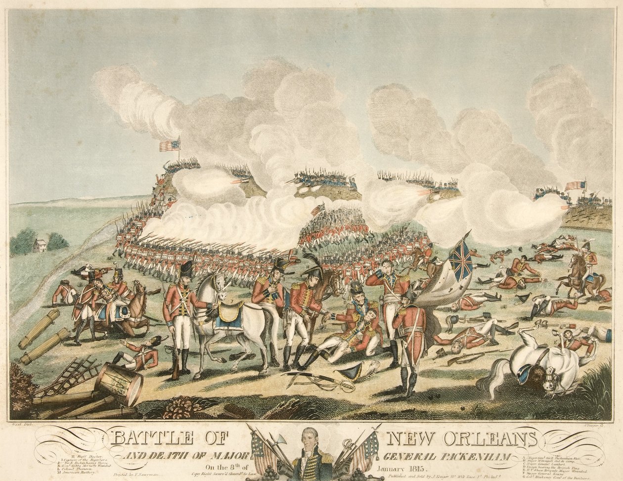 Batalha de Nova Orleans e morte do Major General Packenham no dia 8 de janeiro de 1815, pub. 1815 (gravura a cores) de American School