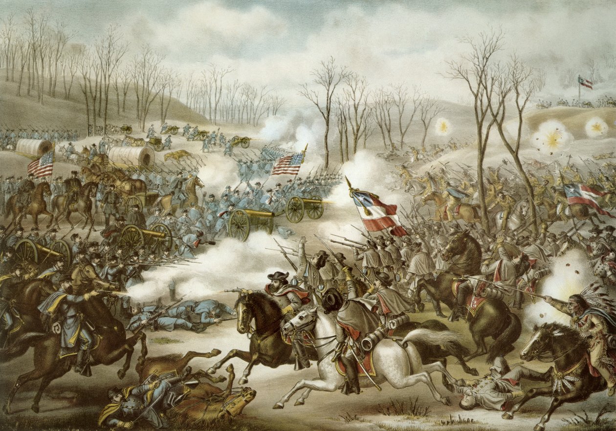 Batalha de Pea Ridge, Arkansas, 6-8 de Março, gravada por Kurz & Allison (cor litho) de American School