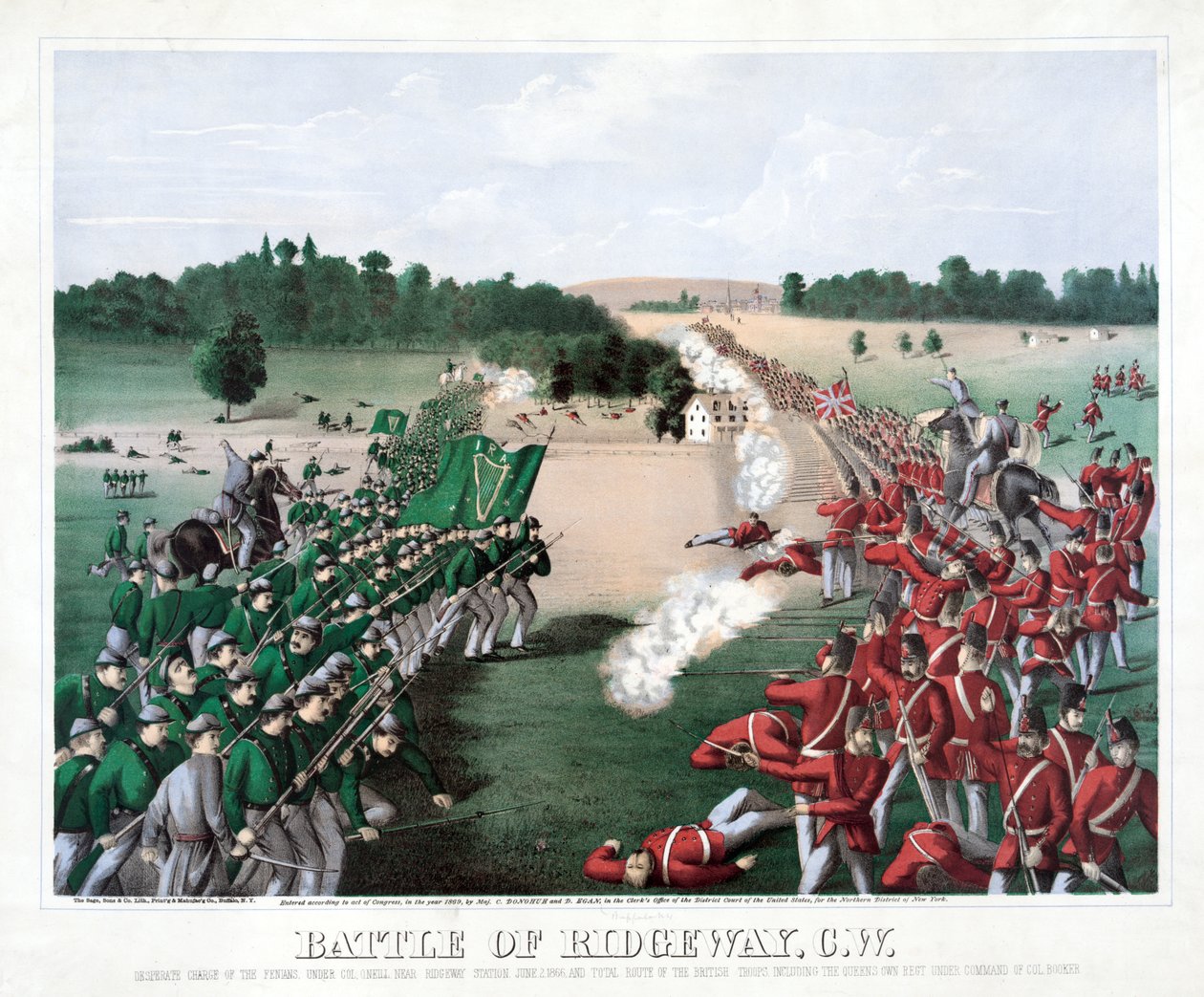 Batalha de Ridgeway, C.W., pub. 1869 (gravura colorida) de American School