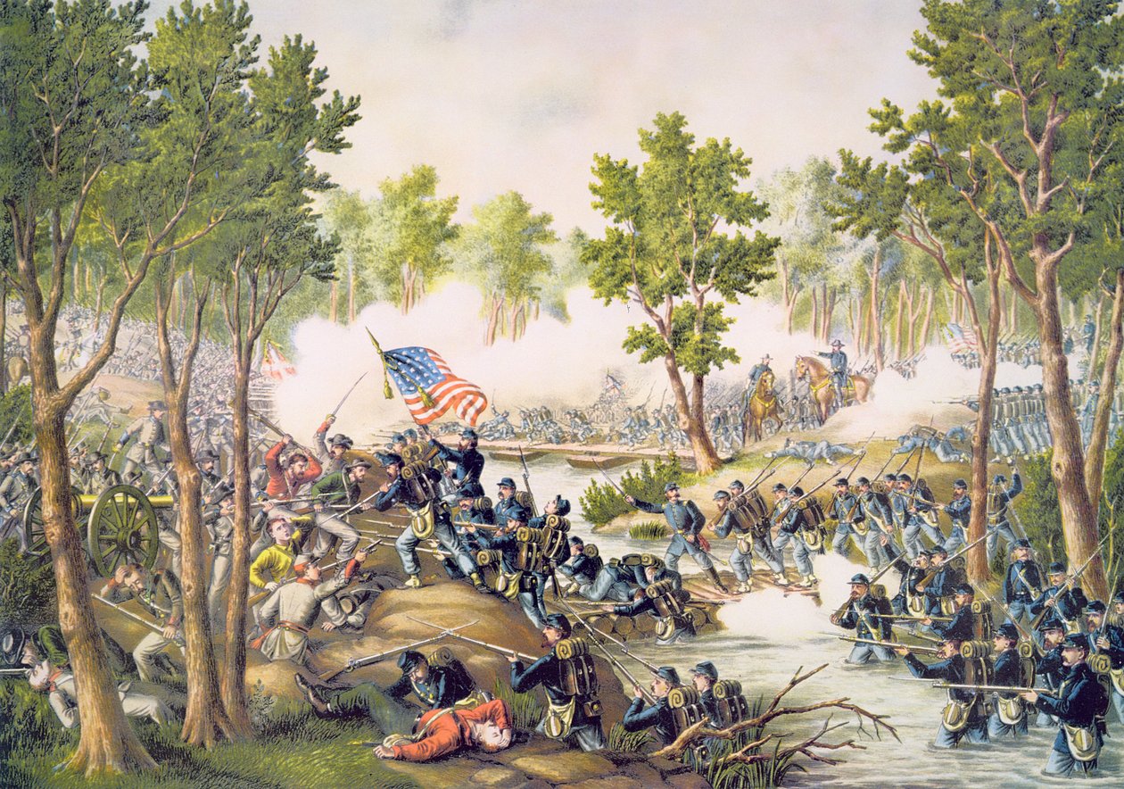 Batalha de Spottsylvania, maio de 1864, gravada por Kurz & Allison de American School