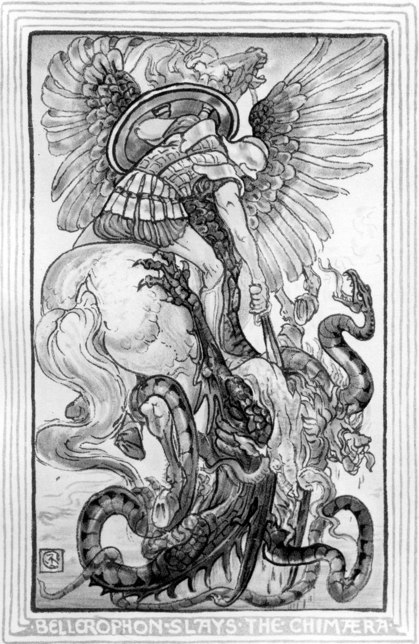 Bellepheron Slays the Chimeara, retirado de The Wonder-Book para meninas e meninos, escrito por Nathaniel Hawthorne, 1852 de American School