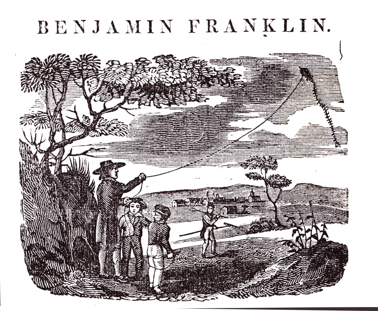 Benjamin Franklin (1706-90) conduz sua experiência de pipa de American School