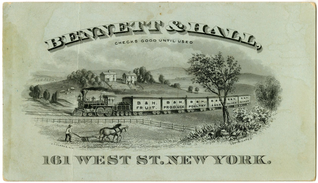 Bennett & Hall cartão de comércio [recto], 1882 (litografia gravada [cartão de comércio]) de American School