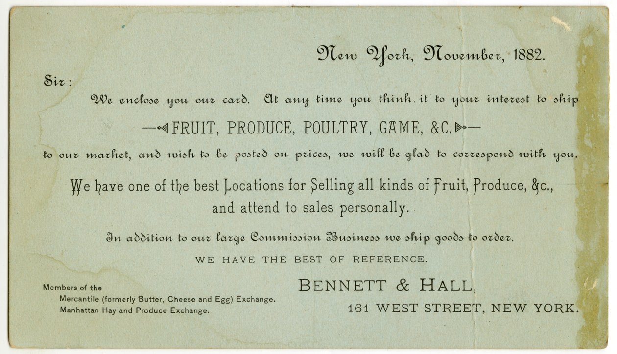 Bennett & Hall trade card [verso], 1882 (litografia gravada [cartão comercial]) de American School