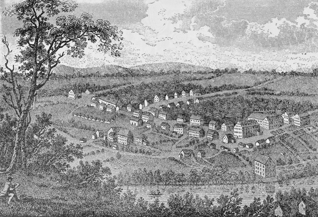 Belém, um assentamento da Morávia na Pensilvânia, de "The Pageant of America, Vol. 3", de Ralph Henry Gabriel, 1926 de American School