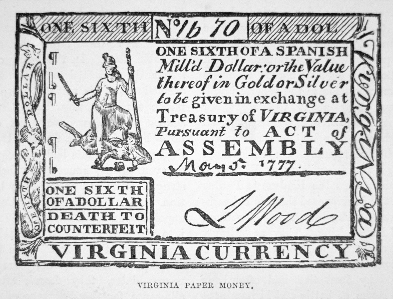 Conta de um sexto de um dólar, papel-moeda da Virgínia de 1777 (litho) de American School