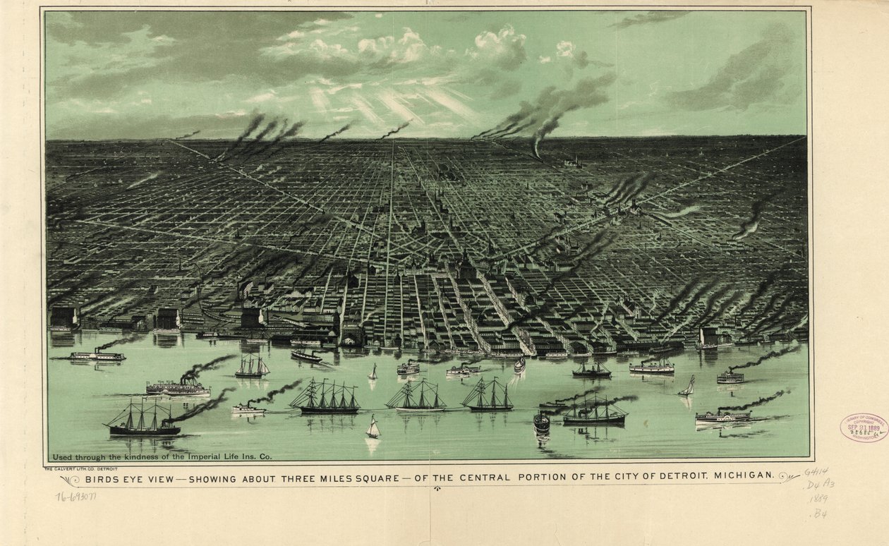 Vista de pássaros - mostrando cerca de três milhas quadradas - da parte central da cidade de Detroit, Michigan, c.1889 (litho) de American School
