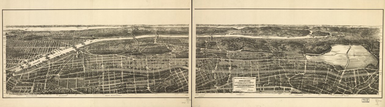 Vista aérea daquela porção das alas 23 e 24 da cidade de Nova York, situada a oeste da ferrovia New York e Harlem, e do Grand Boulevard e Concourse que conecta a Ilha de Manhattan com o sistema de parques ao norte do Rio Harlem de American School