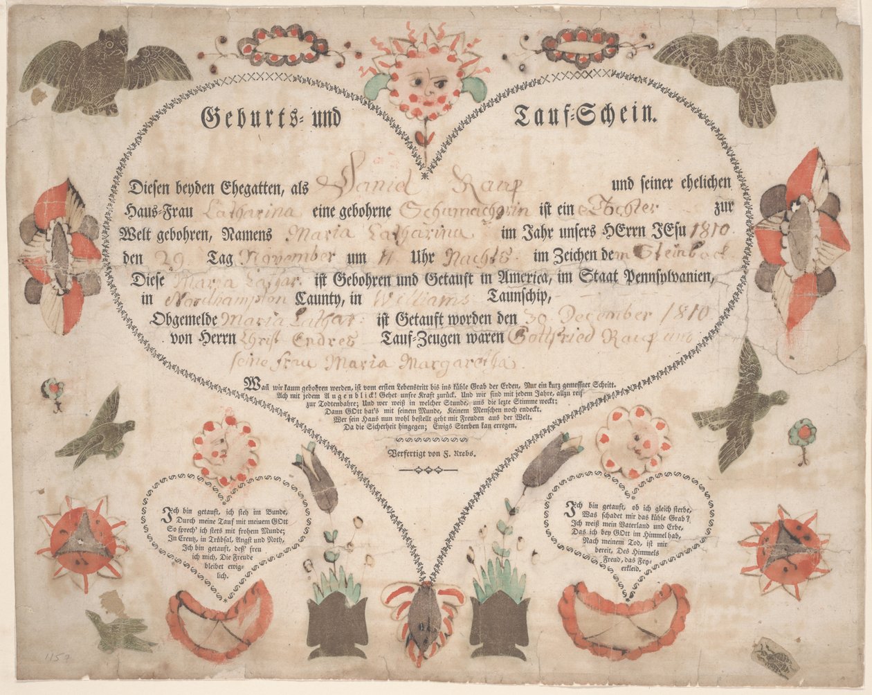 Certificado de Nascimento e Baptismo (Geburts und Taufschein) para Maria Catharina Raup c.1806 (caneta e tinta com aguarela sobre papel) de American School