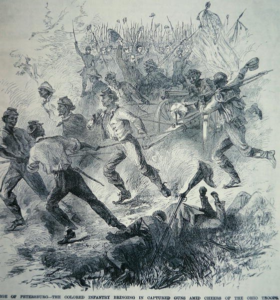 Tropas Negras do Exército da União trazem armas capturadas durante o cerco de Petersburgo (1864-65) (lito) de American School