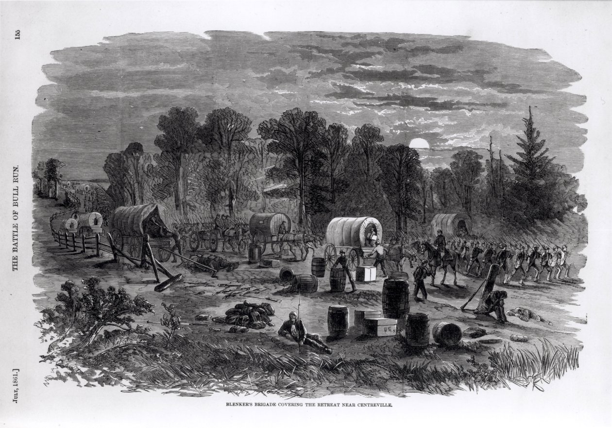 Brigada de Blenker, cobrindo o retiro perto de Centerville, em julho de 1861, da "História pictórica da guerra civil de Harper", 1861 de American School