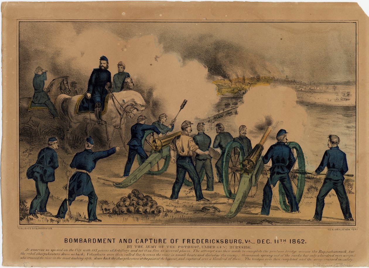 Bombardeio e captura de Fredericksburg, Va. 11 de dezembro de 1862, pub. por Currier & Ives, c.1862 de American School