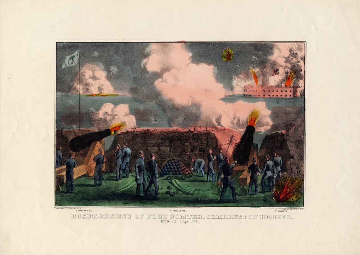 Bombardeio de Fort Sumter, Charleston Harbor, 12 e 13 de abril de 1861, pub. por Currier & Ives, c.1861 de American School