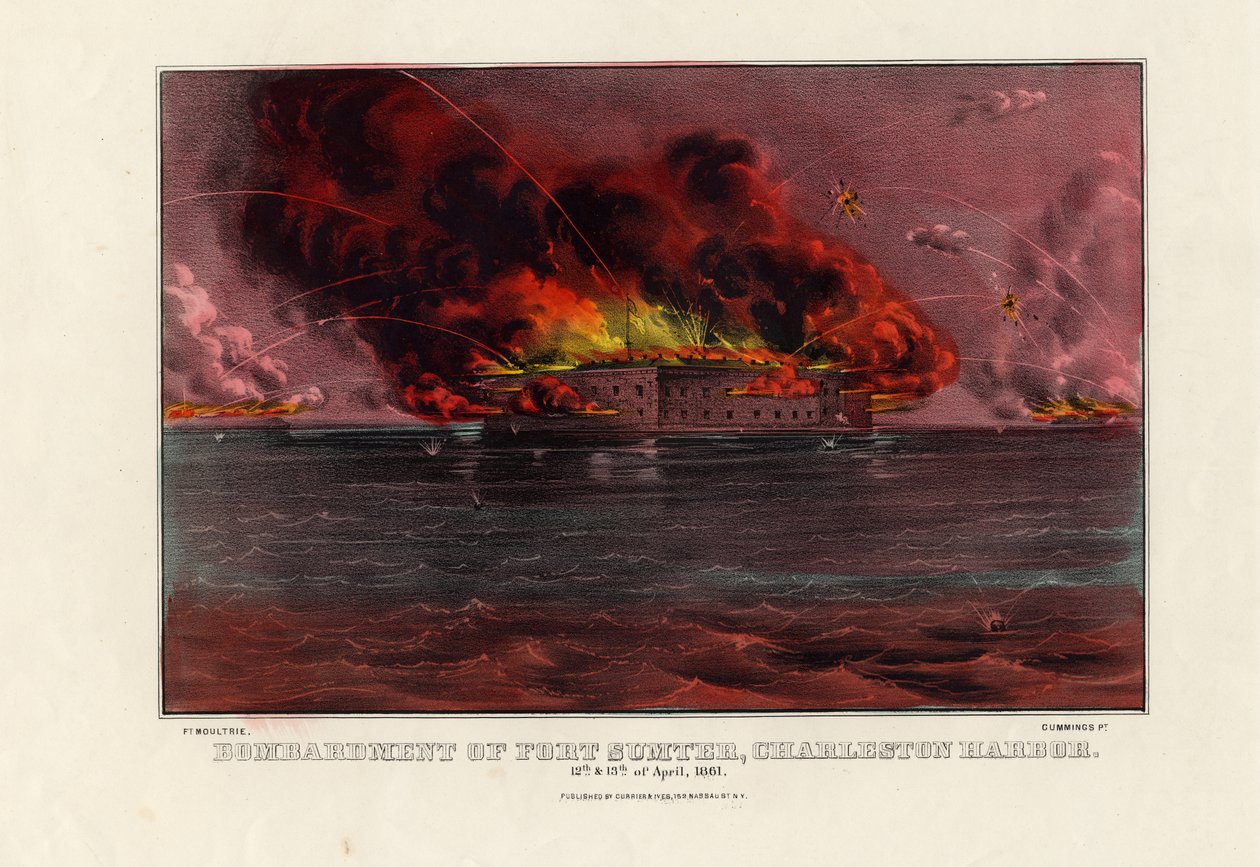 Bombardeio de Fort Sumter, Charleston Harbor, 12 e 13 de abril de 1861, pub. por Currier & Ives, c.1861 de American School
