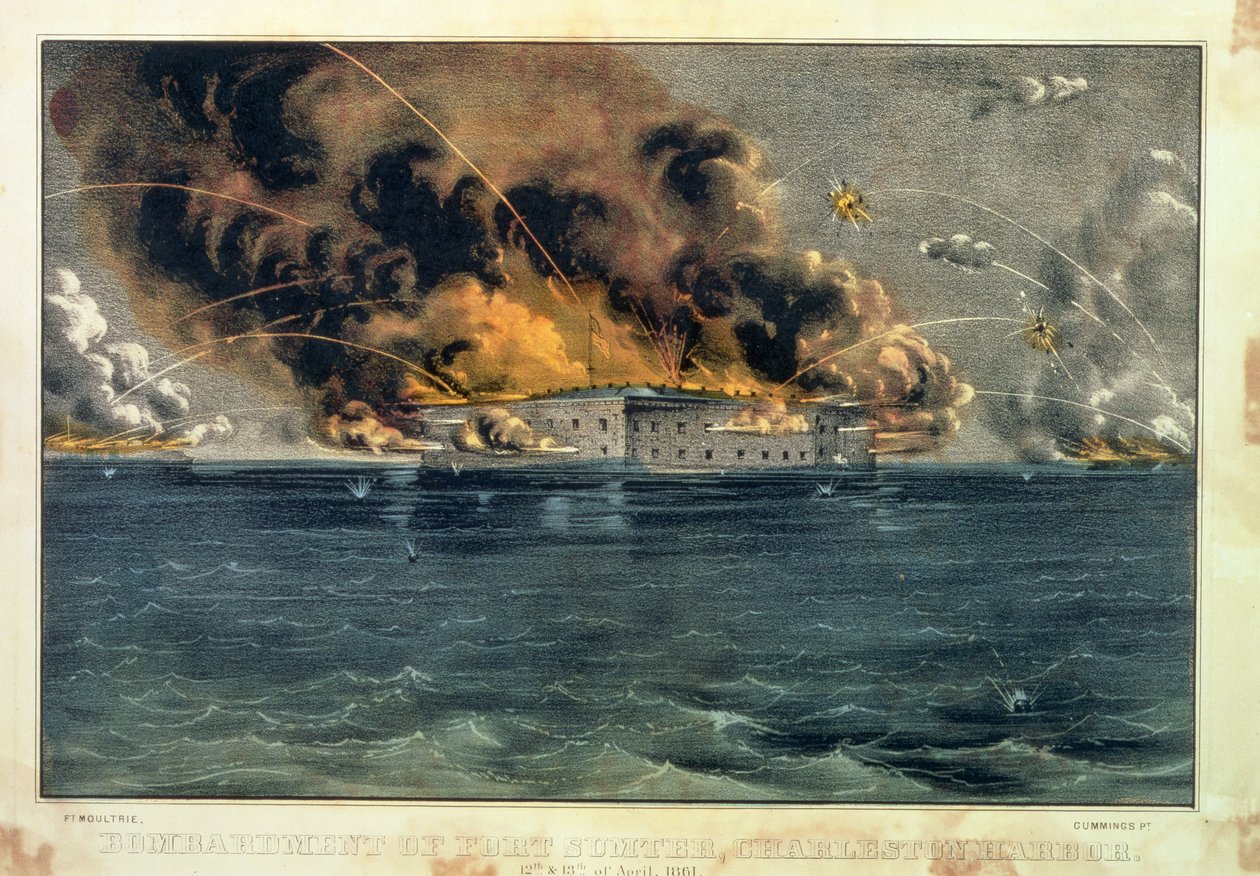 Bombardeio do forte Sumter, porto de Charleston, 12o e 13 de abril de 1861, bar. de Currier und Ives de American School