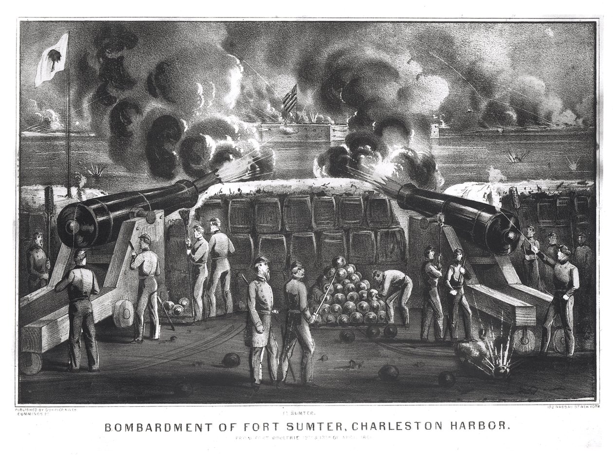 Bombardeio do forte Sumter, porto de Charleston do forte Moultrie, 12o e 13 de abril de 1861, bar. de Currier e Ives de American School