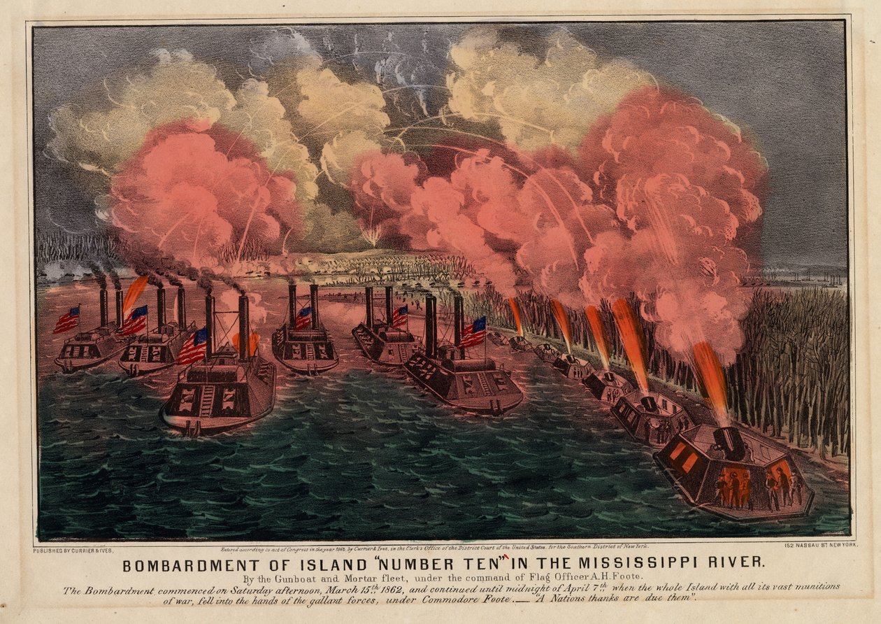 Bombardeio da ilha número dez no rio Mississippi, pub. por Currier & Ives, 1862 de American School
