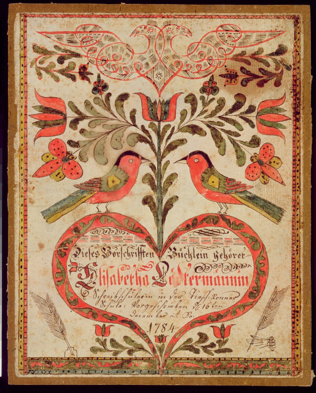 Marcador que descreve dois pássaros e um coração, 1784 de American School