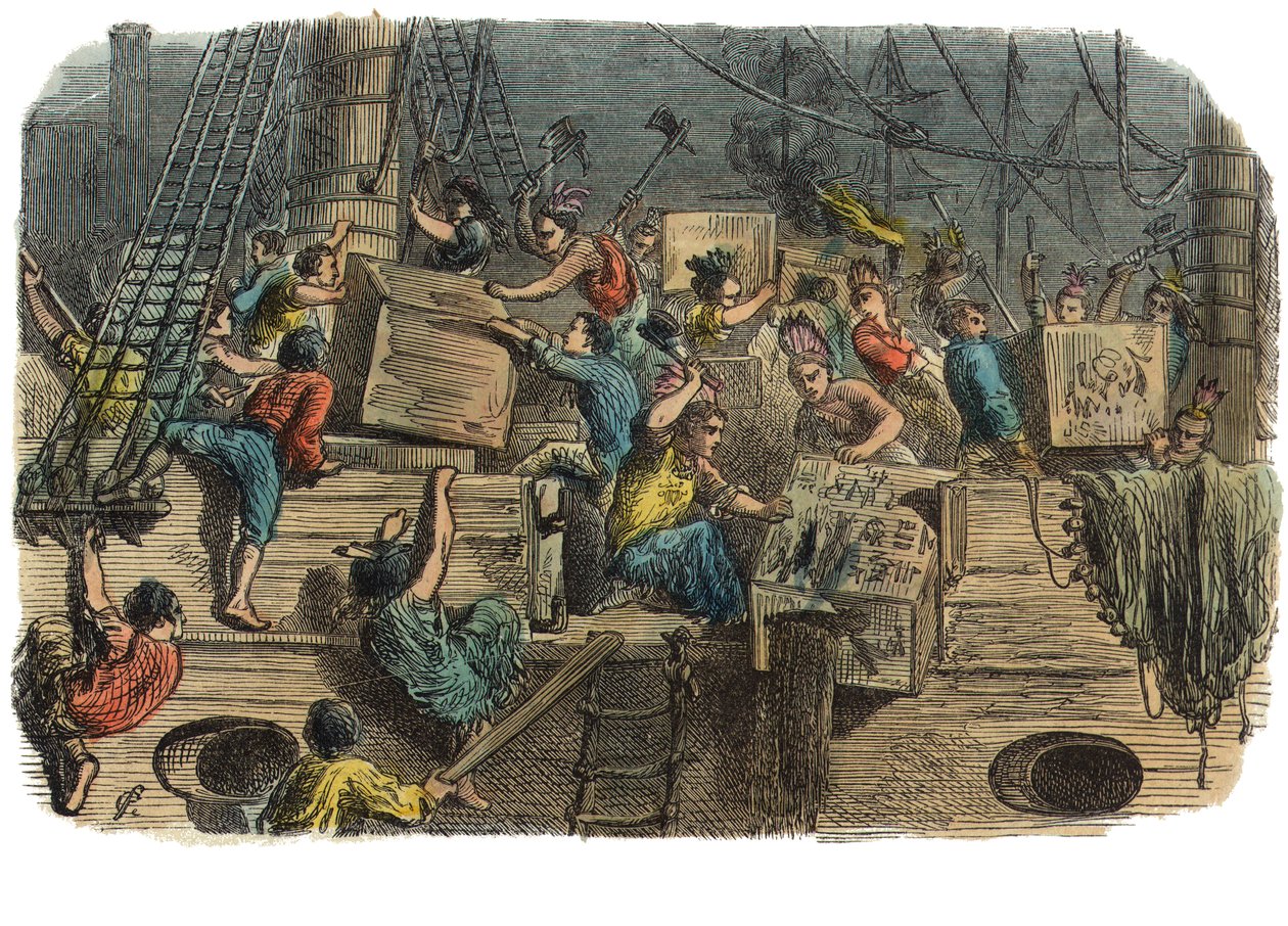 Boston Tea Party, c.1860s (gravura colorida à mão) de American School