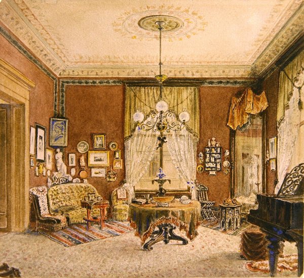 Interior da sala de desenho de Boston, c.1890 (aguarela sobre papel) de American School