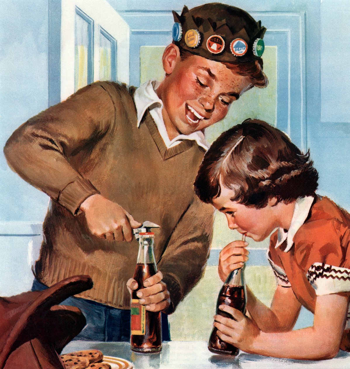 Menino e Menina Desfrutando com Alegria de Refrigerantes de American School