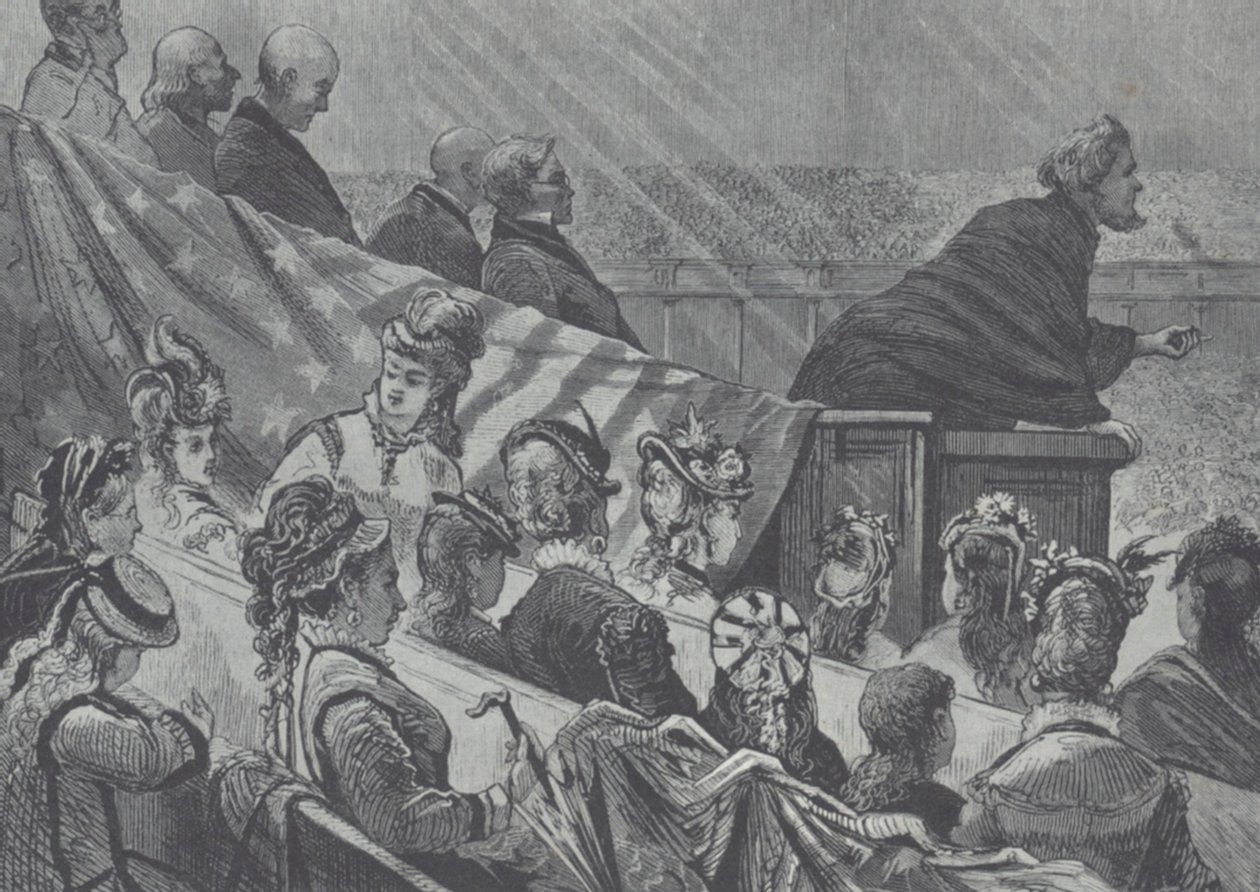 Brigham Young observado por suas muitas jovens esposas enquanto pregavam no Grande Tabernáculo Mórmon, Utah de American School
