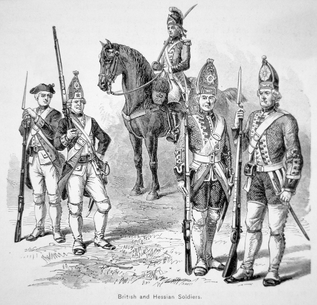 Soldado britânico e Hessiano, durante a Guerra Revolucionária Americana (gravura) de American School