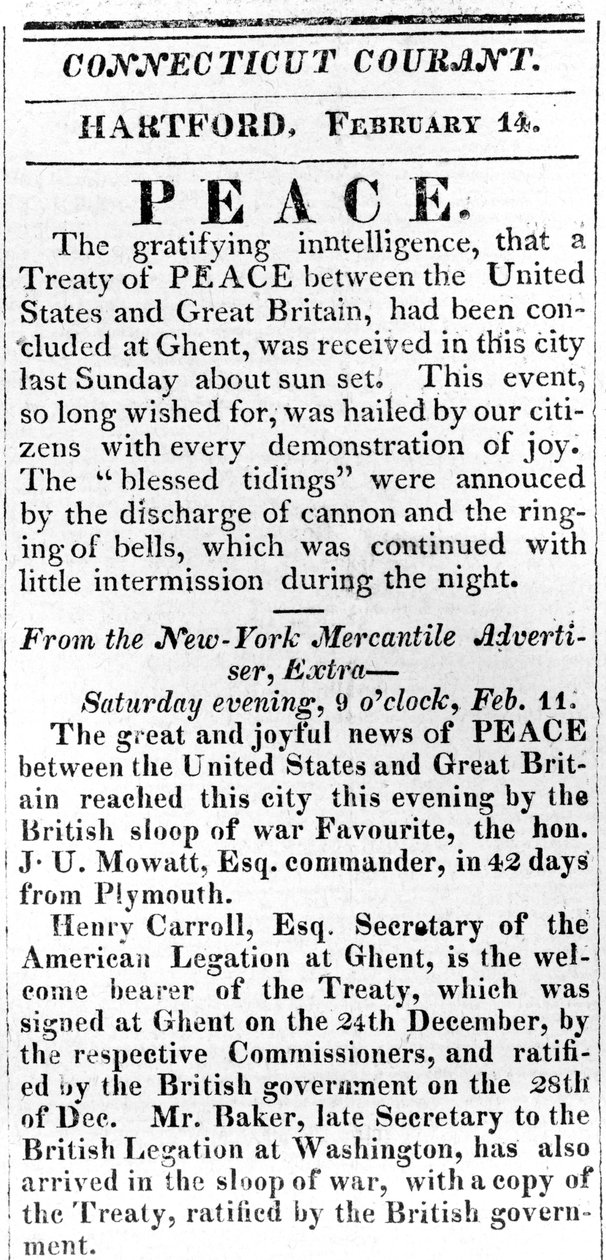 Broadside anunciando a paz entre os EUA e a Grã-Bretanha após a Guerra de 1812, impressa no Connecticut Courant, 1815 (impressão) de American School