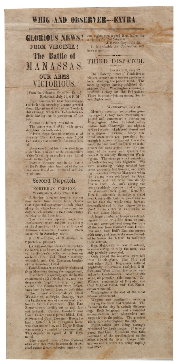 Broadside anunciando a Primeira Batalha de Manassas, Whig e Observer Extra, após 22 de julho de 1861 de American School