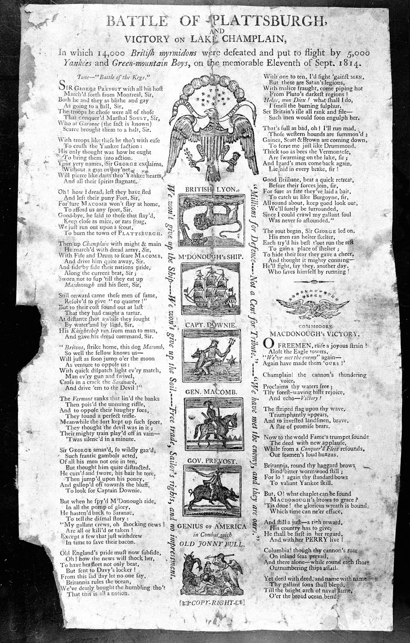 Broadside da Guerra de 1812, com a Batalha de Plattsburgh e Vitória no Lago Champlain (impressão) de American School