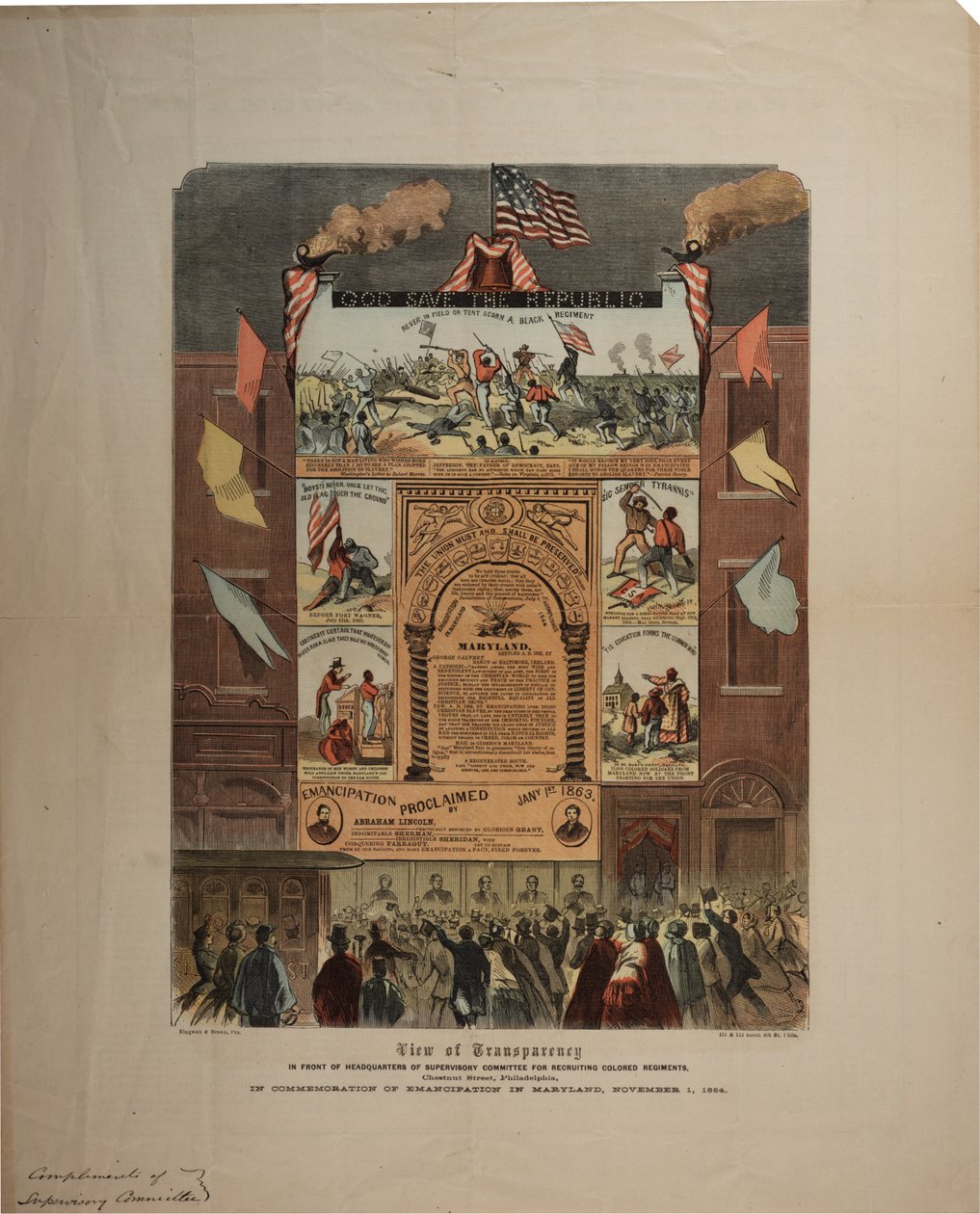 Broadside em relação ao recrutamento de afro-americanos e celebrando a emancipação em Maryland, Ringwalt & Brown (fl.1863-1865), c.1 de novembro de 1864 (ver também GLC 696015, 696016 e 696017) de American School