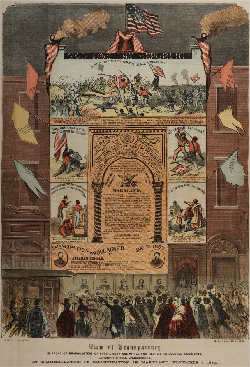 Broadside em relação ao recrutamento de afro-americanos e celebrando a emancipação em Maryland, Ringwalt & Brown (fl.1863-1865), c.1 de novembro de 1864 (ver também GLC 696014, 696016 e 696017) de American School