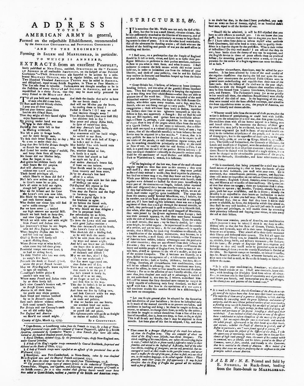 Broadside com um endereço para o exército americano, Salem, 1775 (impressão) de American School
