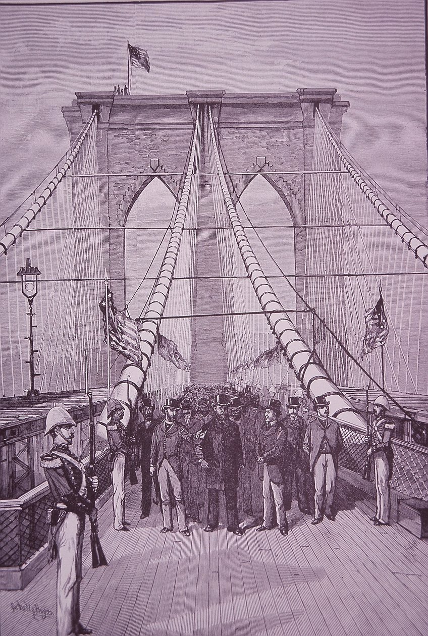 Ponte do Brooklyn, Presidente Arthur na sua cerimónia de abertura, 24 de Maio de 1883 (gravura) de American School