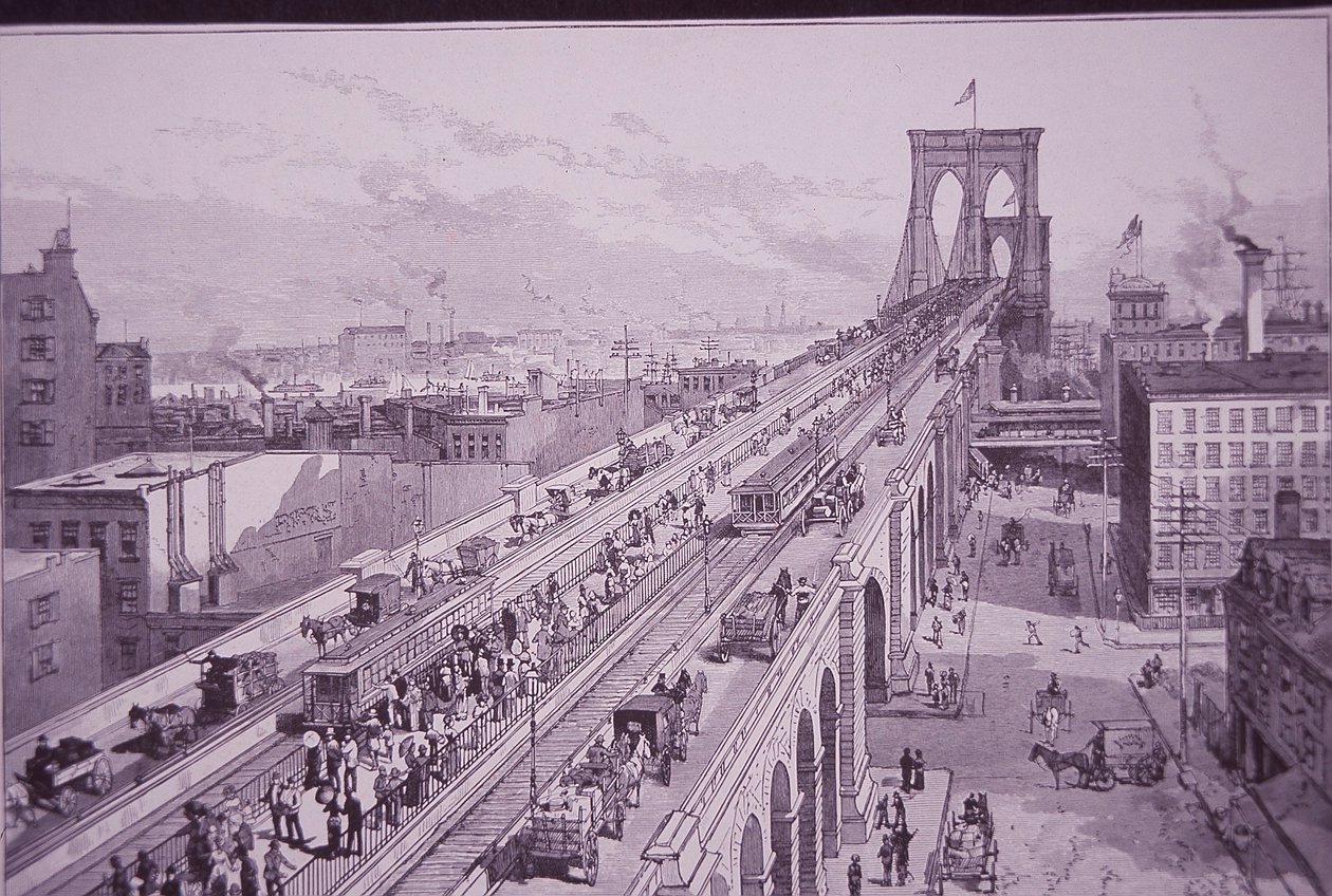 Ponte do Brooklyn logo após a cerimónia de abertura, publicada a 26 de Maio de 1883 (gravura) de American School