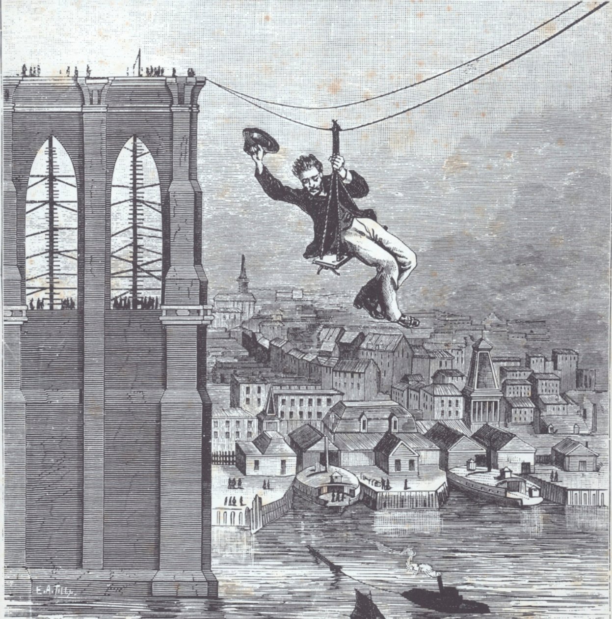 Ponte do Brooklyn em construção; o Sr. Farrington, chefe supervisor de construção, é o primeiro a atravessar o vão entre as duas torres em 25 de Agosto de 1876 (gravura) de American School