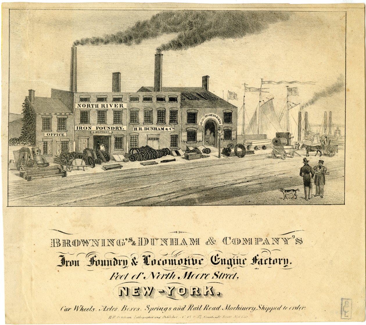 Brownings & Dunham & Companys Iron Foundry & locomotiva fábrica de motores, pé de North Moore Street, Nova York de American School