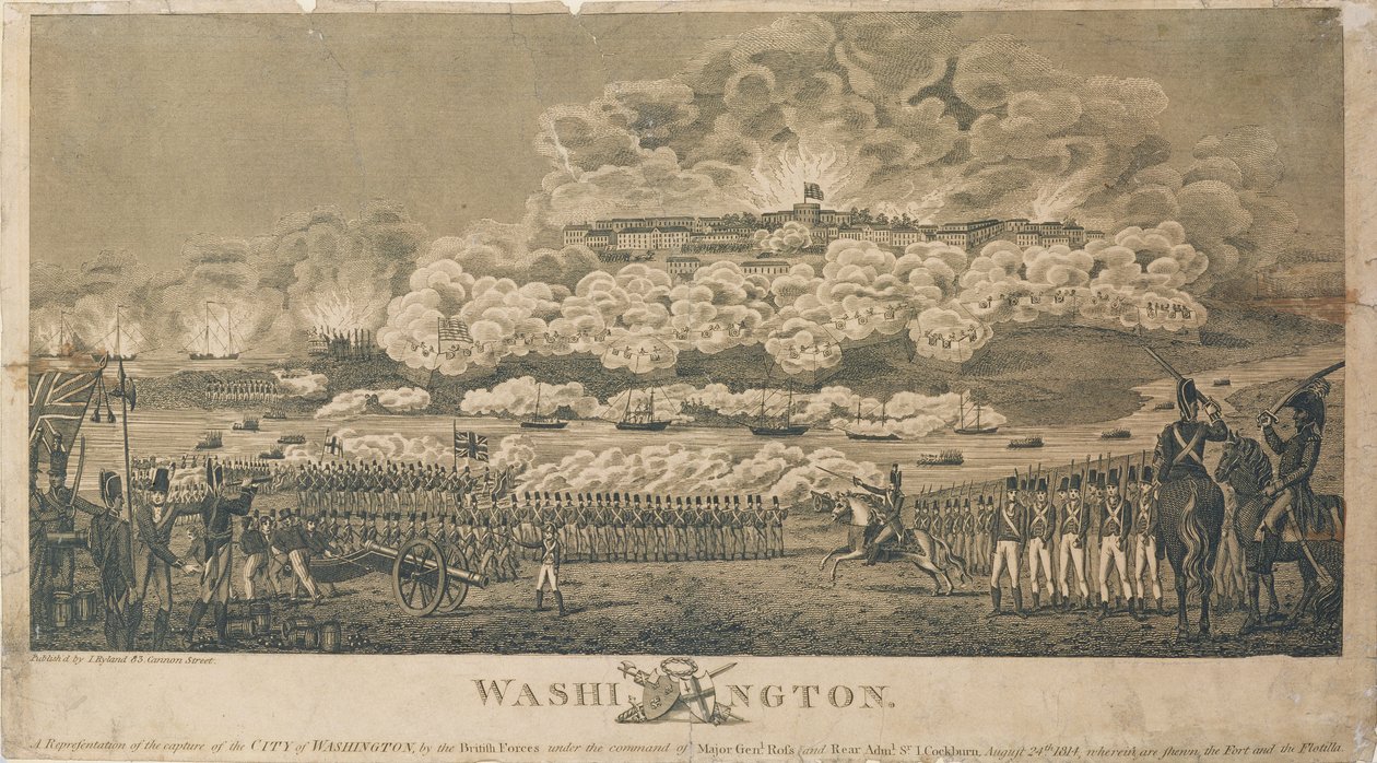 Burning of Washington pelos britânicos, 24 de agosto de 1814, publicado por I. Ryland de American School