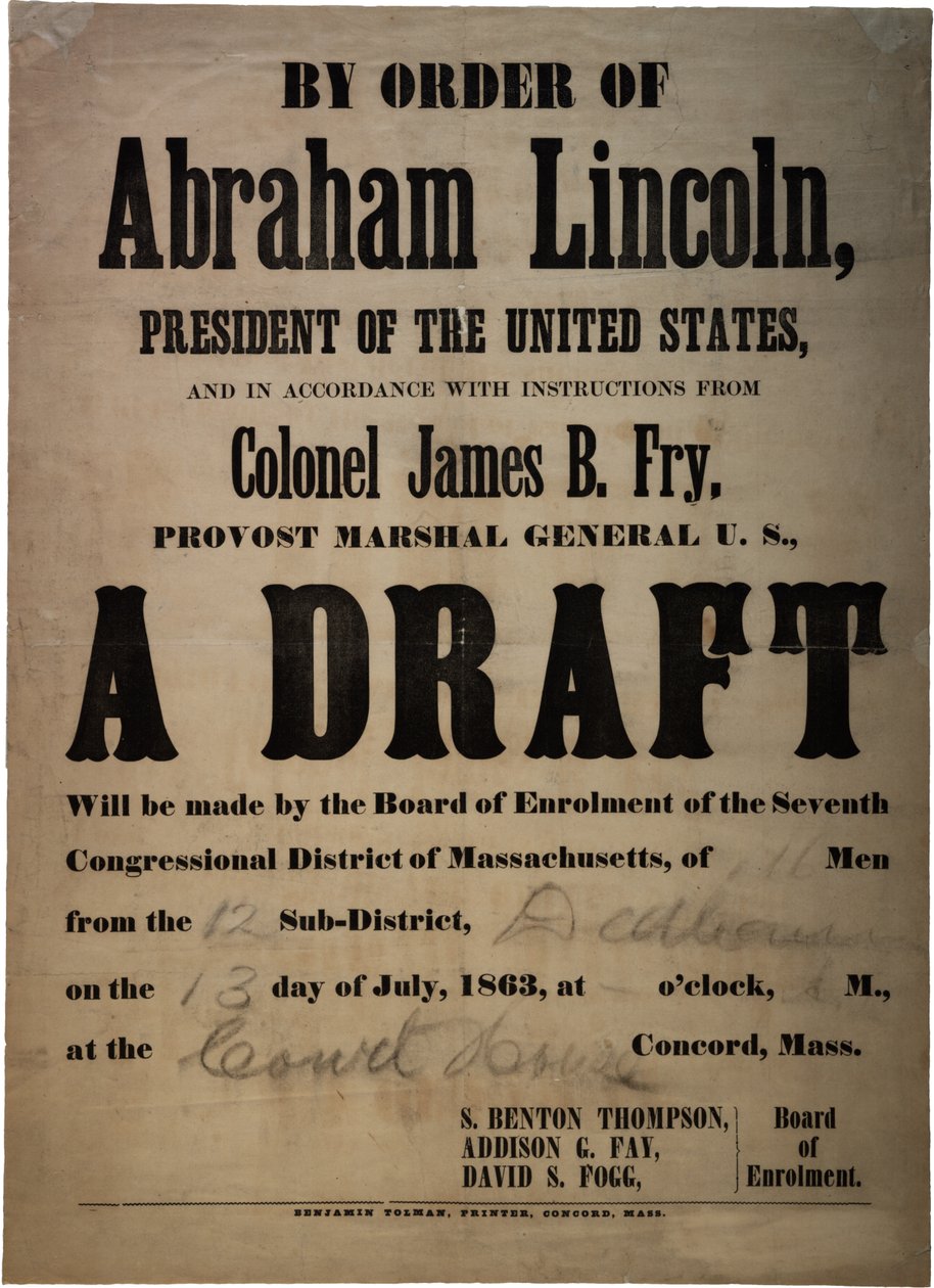 Por ordem de Abraham Lincoln ... Um rascunho (draft para 110 homens, Dedham, Massachusetts), 13 de julho de 1863 de American School