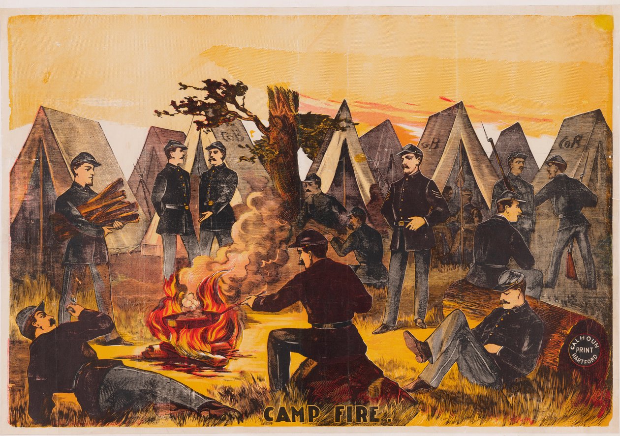 Camp Fire, pub. c1865 litografia a cores de American School