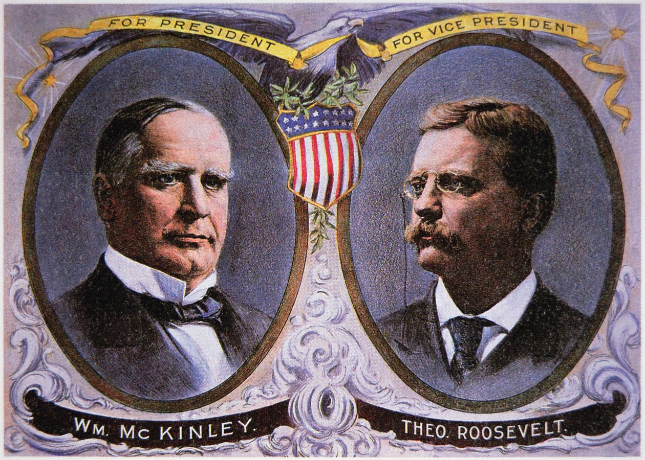 Cartaz da campanha para William Mckinley (1843-1901) como Presidente e Theodore Roosevelt (1858-1919) como Vice-Presidente de American School