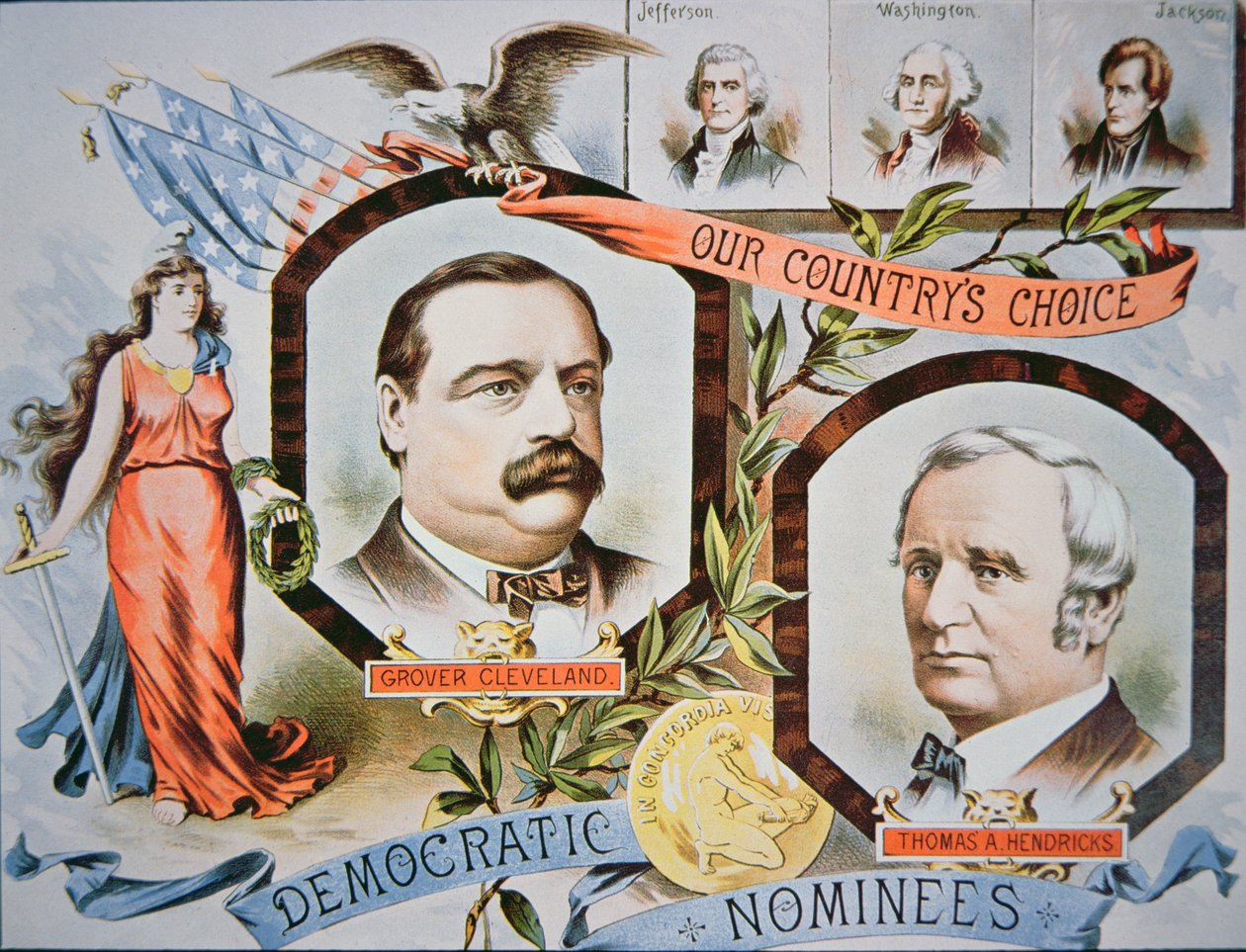 Cartaz da campanha para o candidato presidencial Grover Cleveland e companheiro de candidatura, Thomas A. Hendricks (1819-85) de American School