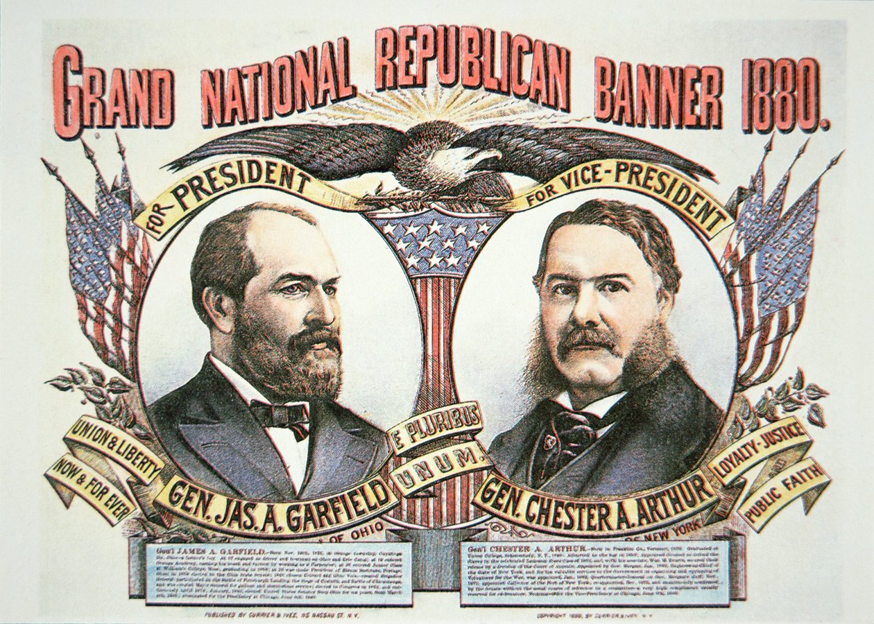Cartaz da campanha para o candidato presidencial James A. Garfield (1831-81) e companheiro de candidatura, Chester A. Arthur (1829-86) 1880 (cor litho) de American School