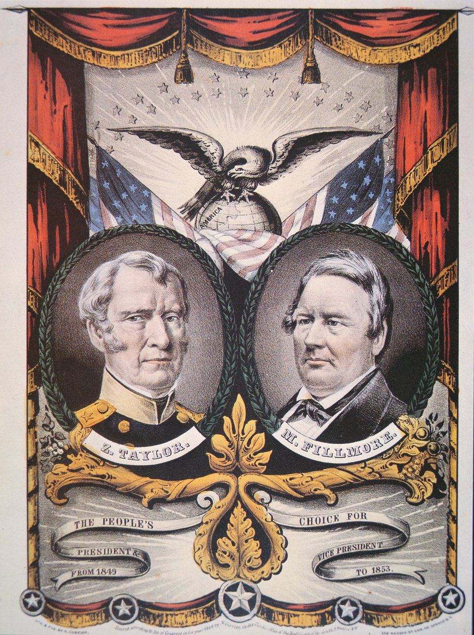 Cartaz da campanha do candidato presidencial Zachary Taylor (1784-1850) e companheiro de corrida, Millard Fillmore (1800-74) 1848 (cor litho) de American School