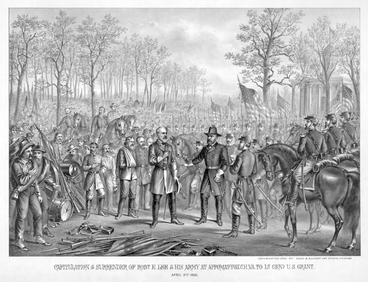 Capitulação e rendição de Robt. E. Lee e seu exército em Appomattox Chi., Va. ao tenente Genl. U.S. Grant, 9 de abril de 1865, pub. 1885 (gravura) de American School